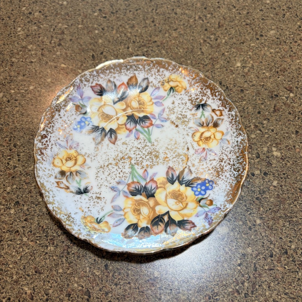 Vintage Floral Porcelain Saucer Yellow Roses Gold Gilded Scalloped Edge 5.5 Inch